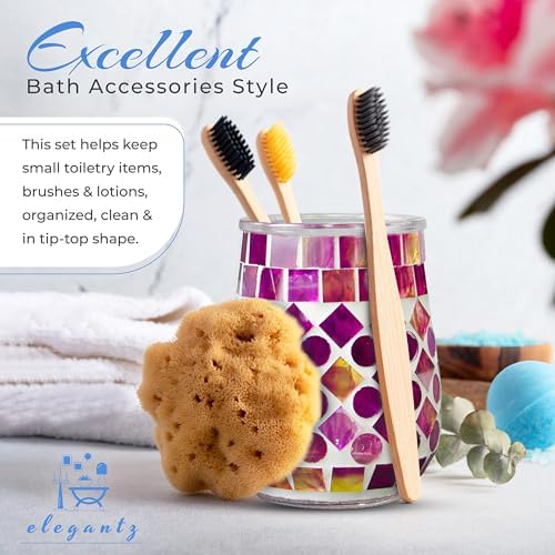 ELEGANTZ Bathroom Accessory Set – Mosaic Bathroom Accessories Set with Glass Soap Dispenser and Toothbrush Holder – Decorative Bathroom Accessories Countertop for Modern Bathroom Decor - Image 4