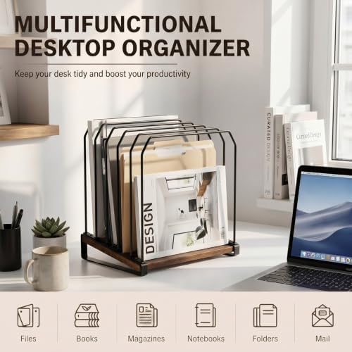 2 Pcs 5 Section Inclined Vertical Desk File Organizer Metal Frame Wood Base - Image 5