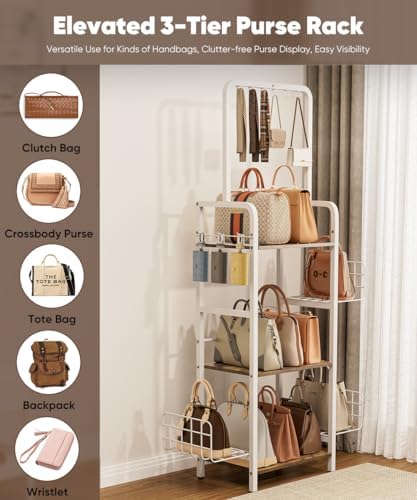 3-Tier Tall Purse Organizer Rack Stand, Bag Storage Holder, White - Image 5