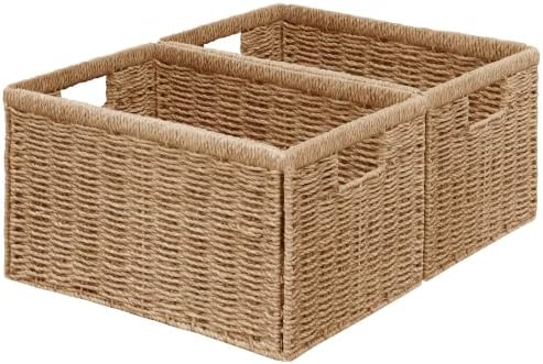 Vagusicc 2 Packs Large Wicker Storage Basket, Closet Storage Baskets Bins for Shelves, Decorative Collapsible Baskets for Organizing Clothes Toy Nursery Bathroom Organizers and Storage, Natural by Vagusicc