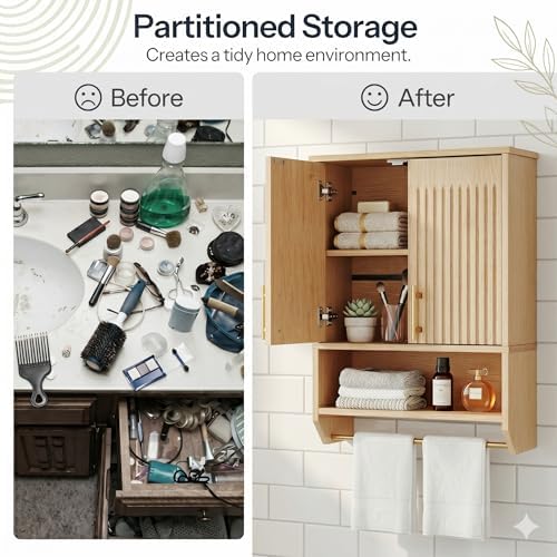 HOOBRO Narrow Bathroom Wall Cabinet with Towel Rack, Space Saving Medicine Cabinet for Small Spaces, Farmhouse Fluted Wall Storage Cabinet with Adjustable Shelf, Natural - Image 5