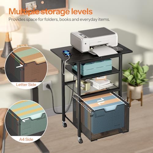HOOBRO Printer Stand with Hanging File Drawer, Rolling Printer Cart on Wheels, Mobile Filing Cabinet Storage Shelf, Home Office Desk Side Organizer, Black BB17UPS01 - Image 3