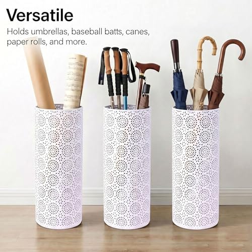 BEWBBAT Umbrella Stand Rack for Entryway, Free Standing Metal Umbrella Holder, Round Umbrella Organizer Bin with 3 Hooks for Long Short Umbrella, Walk Stick, Home Office Indoor, 17 x 7 Inch, White - Image 3