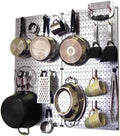 Wall Control Kitchen Pegboard Organizer Pots and Pans Storage Rack and Organization Kit with Metallic Silver Pegboard and Red Accessories by Wall+Control