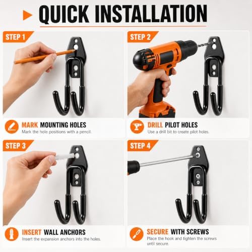 Garage Tool Hooks Wall Mount, 6 Pack Heavy Duty Storage Hooks for Garden Tools, Wall Hooks for Garden Hoses, Brooms, Ladders, Garage Storage and Organization Accessories - Image 5