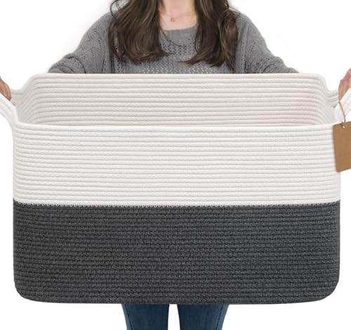 Goodpick 75L Extra Large Woven Rope Blanket Basket, Rectangle, Dark Gray by Goodpick