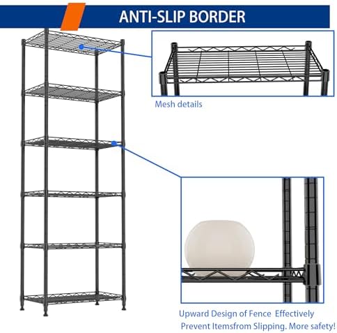 REGILLER 6 Wire Shelving Steel Storage Rack Adjustable Unit Shelves for Laundry Bathroom Kitchen Pantry Closet(Black,11.7" D x 21.4" W x 63" H) - Image 6