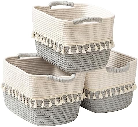 TeoKJ Storage Basket 3 Pack for Organizing, Cotton Rope Baskets for Toy, Clothes, Blankets, Decorative Basket for Living Room, Nursery, Bathroom, White & Gray by TeoKJ