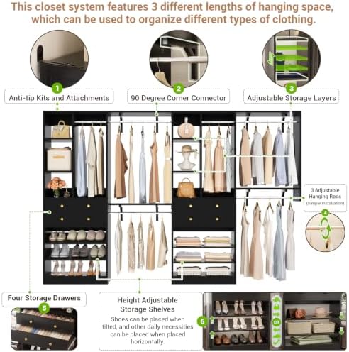 Besiost Closet System with Drawers, 120"/10FT, 151.2"/12.6FT, Built-in Closet Organizer System with Reversible Hanging Shelving and Hanging Rods, Black Set of 2 - Image 5