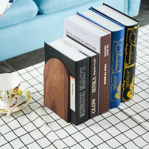 Large Bookend Hold Heavy Books-7x4x5in 3 Pack Non-Skid Wood Bookends Walnut - Image 4