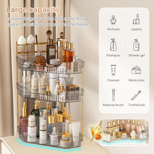 Corner Bathroom Counter Organizer with Makeup Brush Holder & Toothbrush Holders, Makeup Organizer for Vanity Countertop, Acrylic Skincare Storage Shelf (Grey, 3-Tier) - Image 6