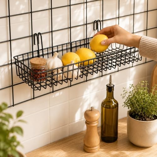 ANZOME Grid Wall Baskets, 2 Pack Black Hanging Wire Basket Shelves for Kitchen Pantry Wall Storage, Metal Mesh Organizer with Hooks for Fruits, Spices, Plants and Small Supplies - Image 5