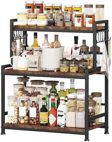 23.6"W Large Kitchen Countertop Organizer,3 Tier Spice Rack Organizer with Adjustable Shelf and 10 Hooks,Wooden Counter Organizer,Space Saving Countertop Shelf Microwave Stand for Kitchen,Coffee Bar by Homeiju