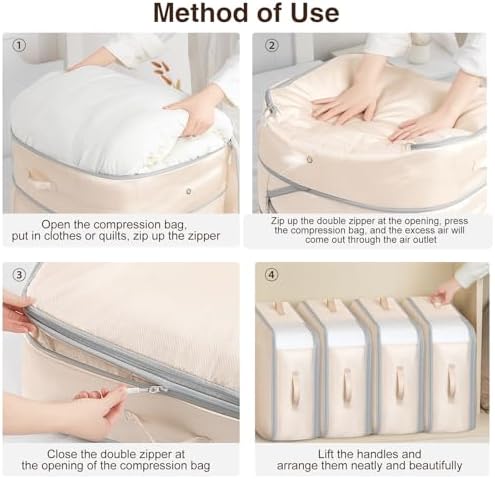 Homsorout 6 Pack Compression Storage Bags - 110L Large Capacity Comforter Storage Bag, 3-Layer Washable Ultra Space Saving Self Compression Organizer Space Bags for Blankets, Sweaters, Sheets, Beige - Image 4