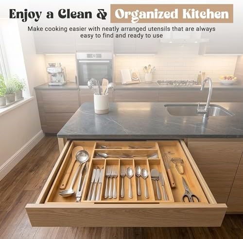 AB Home & Beauty Expandable Bamboo Drawer Organizer for Kitchen Utensils - Adjustable Silverware Organizer, Non-Slip Bamboo Cutlery Tray, Eco-Friendly Kitchen Drawer Storage - Image 5