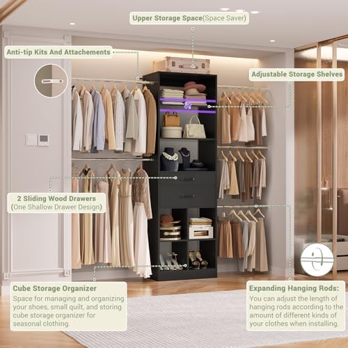 Besiost Closet System, 4-8 FT Closet Organizer Systems with 2 Wooden Drawers and 5 Hanging Rods, Can Fit 60 to 96 inch Walk-in Closet System, Black - Image 4