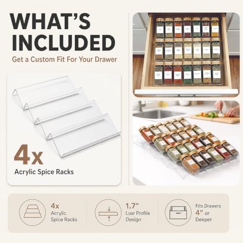 Acrylic Spice Drawer Organizer 4 PK, Expandable 13"-26" Acrylic Spice Rack for Drawer Seasoning Organizer Tray, Shelf Stackable 4-Tier Herb Jar Rack Insert for Kitchen Cabinet, Herb Jars Not Included - Image 2
