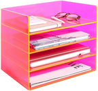Gelite Acrylic File Organizer for Desk 4 Tiered Stackable Letter Tray Office Paper Storage Desktop Document Sorter, Neon Pink by Gelite