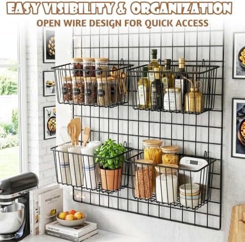 10 PCS Wire Baskets Wall Grid Panel Hanging Wire Basket Hanging Wall Baskets No Drilling Wall Hanging Baskets Grid Wall Storage Basket for Kitchen Bathroom Home Decor Supplies Large - Image 4