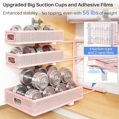 Under Sink Organizer, 3-Tier Thickened Metal Pull out Cabinet Organizer Shelf, Height Adjustable Slide out Storage Drawer Rack for Kitchen Bathroom Pantry Laundry Home Organization, 1-Pack, Pink - Image 7