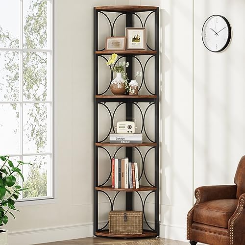 Tribesigns 67 inch Tall Corner Shelf, 6 Tier Rustic Corner Bookshelf Bookcase Storage Rack Standing Shelving Unit for Living Room, Small Space by Tribesigns