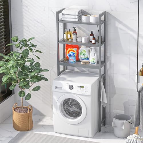 GIANTEX Over The Toilet Storage Shelf, 3-Tier Freestanding Space Saver Above Toilet Shelves with 3 Hooks & Adjustable Bottom Bar, Over Toilet Bathroom Organizer for Restroom, Laundry (Gray) - Image 3