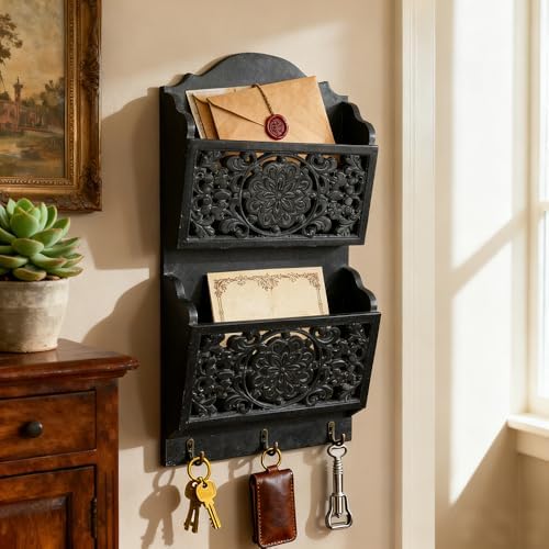 Rustic Key and Mail Holder for Wall Home Decorative,2-Slot Mail Organizer Wall Mount with 3 Hooks, Wooden Key Hangers Wall File Organizer Letter Sorter for Letter Magazines（Black） - Image 4
