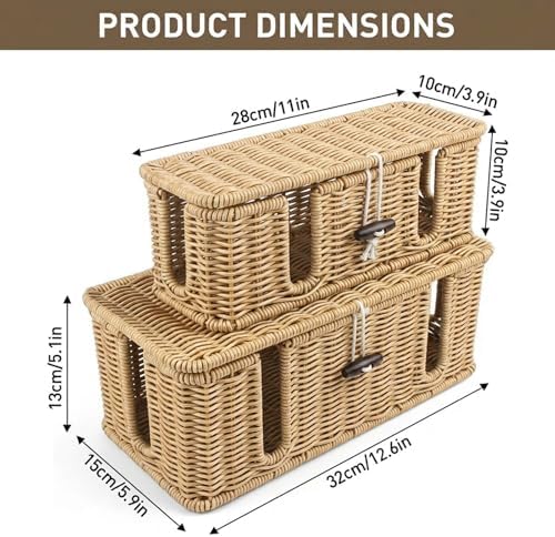 2 Pcs Rattan Cable Management Box, Large Cord Organizer Box with Lid Under Desk Router Hider with 4 Exits, Wire Boxes Hider for TV Wires Computer Surge Protector USB Hub Power Strip(Natural) - Image 2