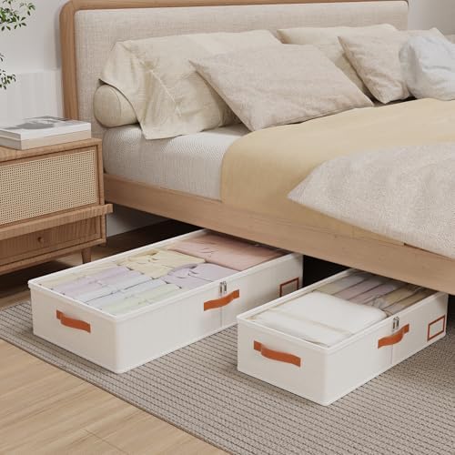 Yawinhe Pack of 2 Underbed Storage Bags, Foldable Clothes Storage with Clear Window, for Duvets, Clothes, 80 x 40 x 15 cm, Beige - Image 3