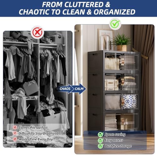 SAILUN 674QT/168Gal Stackable Storage Bins with a Lid, Collapsible Storage Bins With Doors, Folding Cabinet for Home Closet Organization,4 Pack-30 W x 19.7" D x 65.9" H Black - Image 2