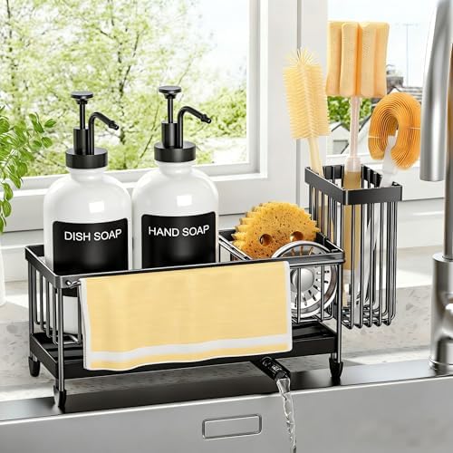 Kitchen Soap Dispenser Set with Sponge Holder and Towel Rack, 17OZ Glass Bottle, Hand and Dish Soap Dispenser Set, Non-Slip Silicone Pad, Brush Holder, Kitchen Sink Caddy Organizer Countertop (White) by Unknown