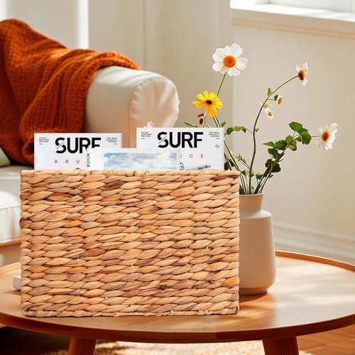 Magazines Holder Basket - Wicker Magazine Basket, Handwoven Magazine Holders for Bathroom,Home Magazine Storage Basket, Water Hyacinth Magazine Rack Organizer for Books, Newspapers, Narrow Rectangle - Image 4