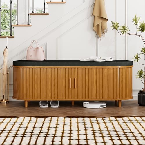 DHH 2-Tier Storage Bench,Wide Shoe Bench with Thickened Padded Seat Cushion, Mid Century Modern Fluted Sliding Door and Adjustable Shelf, for Entryway, Living Room, Bedroom (Yellow Walnut, 51.2”) by DHHFurnitureBuyNow