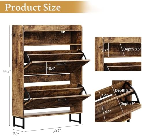 Wodeer Shoe Storage Cabinet with 2 Flip Drawers, Narrow Wood Shoe Cabinet Storage for Entryway with Metal Legs & Hooks, Adjustable Shelves, Freestanding Shoe Rack Organizer for Foyer, Hallway, Brown - Image 2