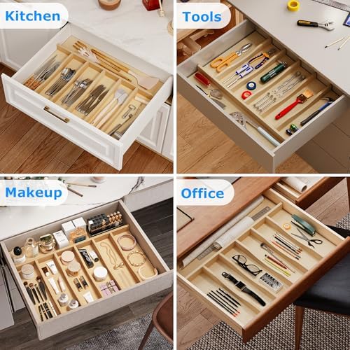 WelFurGeer Solid Birch Wood Silverware Drawer Organizer, Wooden Cutlery Drawer Organizer, Utensil Tray for Kitchen Drawers, Kitchen Utensil Organizer for Silverware, Flatware, Spoons, Forks, Knives - Image 6