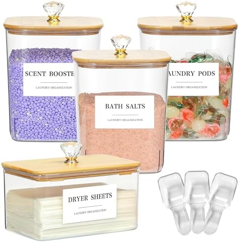 4 Pack Clear Laundry Pods Container & Dryer Sheet Holder Set with Lid, Laundry Containers with Scoops & Labels, Laundry Room Organization and Storage for Laundry Detergent, Pods, Powder, Beads by Dounozzi