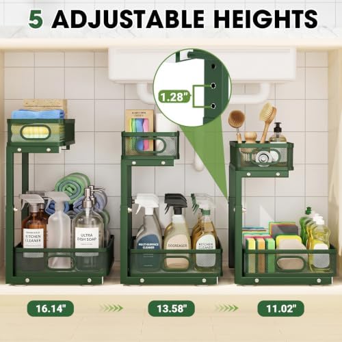 Under Sink Organizer 4-Pack, Metal 2-Tier Pull-Out Cabinet Shelf with Slide-Out Mesh Drawers, Height Adjustable, Space-Saving Under Sink Storage Racks for Kitchen, Bathroom, Laundry Room,Dark Green - Image 3