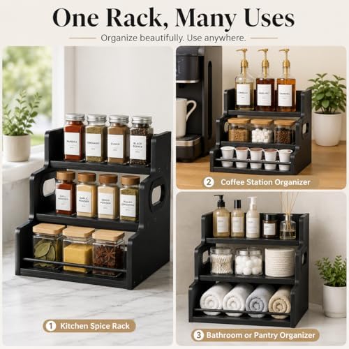 3 Tier Spice Rack Organizer for Cabinet, Wood Spice Shelf Storage, Kitchen Seasoning Organizer for Kitchen Countertop or Pantry, Spice Bottles, Bottles, Black - Image 7