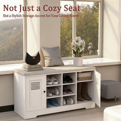 39.3" Shoe Storage Bench with Cushion, 6 Open Cubbies, 2 Cabinet - Image 3