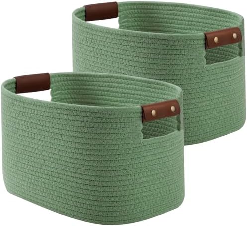 ECDYQXVU 15x10x9" Woven Cotton Rope Storage Basket, Leather Handles 2 Pack by ECDYQXVU