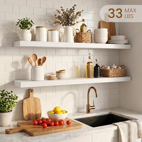 Dreamland 32inch Floating Shelves for Wall, Rustic White Floating Shelves for Bathroom|Bedroom|Kitchen, Deep Wall Mounted Book Shelf, Wood Storage Display Shelf for Home Decor, Set of 2 - Image 2