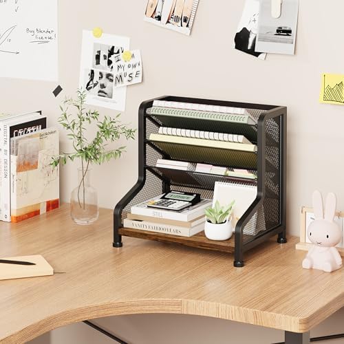 SWTYMIKI Paper Organizer, Mesh and Wood Desk Office Organizer, Office Organization and Binder Storage for Workspace, Home, School, Espresso - Image 5