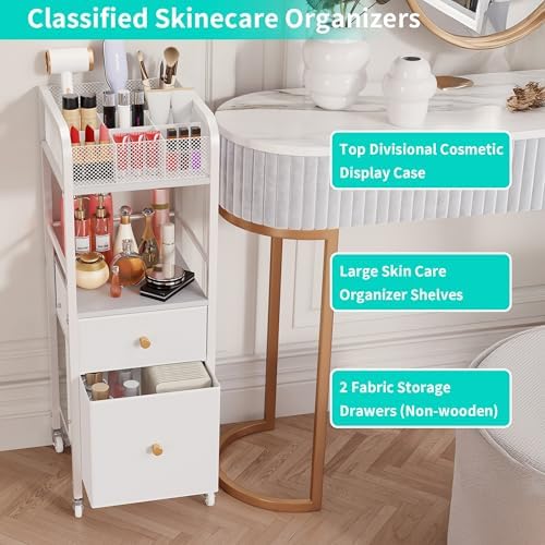 HapiRm Rolling Makeup Cart Organizer - Floor Skincare Make Up Storage with 2 Non-woven Fabric Drawers, Vanity Organizer Cosmetic Display Cases Holder for Skin Care Perfume Nail Polish Brush Hair Tool - Image 3