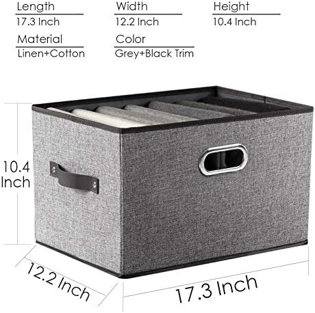 PRANDOM Larger Collapsible Storage Bins for Closet [3-pack] Decorative Linen Fabric Storage Baskets Cubes with Leather/Metal Handles for Living Room Cloth Grey and Black Trim (17.3x12.2x10.4 Inch) - Image 6