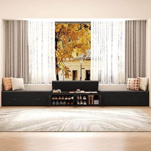 HOMEFORT 54.4" Shoe Bench with Lift Top Storage, Entryway Bench with Cushioned Seat, Wooden End of Bed Bench, Shoe Cabinet Bench with Hidden Storage Space, for Bedroom, Hallway,Black - Image 4