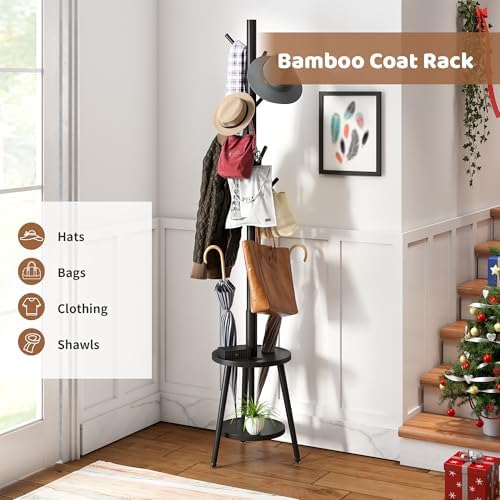 Freestanding Coat Rack with Umbrella Organizer Tray Bamboo Coat Tree Rack with 8 Hook Stand for Clothes Bag Hats Entryway Hanger Stand(Black) - Image 2