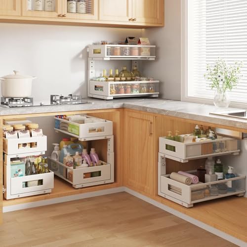 Under Sink Organizer, 2-Tier Dual Pull Out Cabinet Organizer Drawers With Smooth Circular Rail, Large Capacity Metal Mesh Sliding Shelves For Bathroom& Kitchen Storage,Height Adjustable–White,2 Packs - Image 7