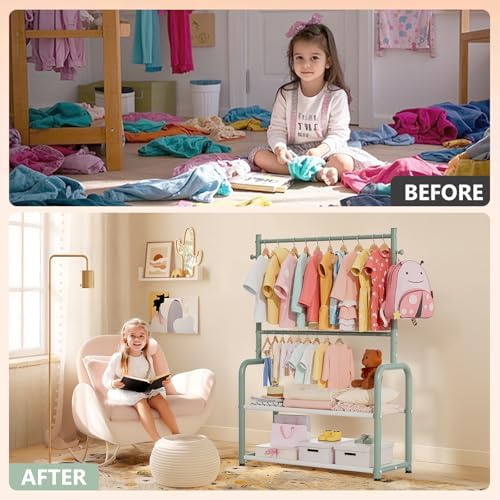 Kids Clothing Rack 2 Tier Baby Closet Green Toddler Dress up Racks - Image 5