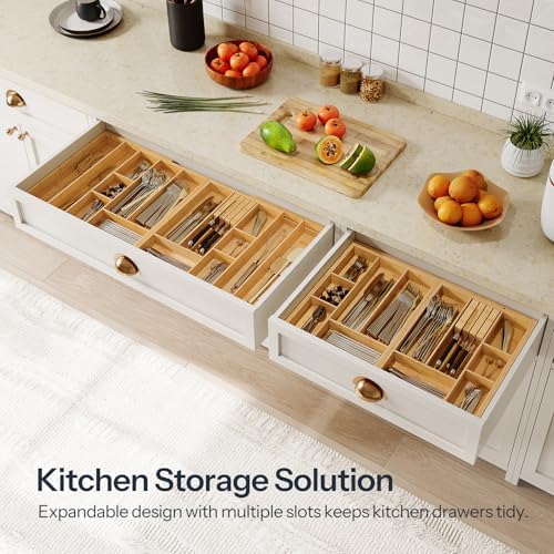 HOOBRO Large Silverware Organizer Kitchen Drawer Organizer, Magnetic Connected Expandable Utensil Organizer From 22.8 to 35.4 Inches, Bamboo 16 Slots Cutlery Tray with Knife Holder, Natural YL07TL01 - Image 3