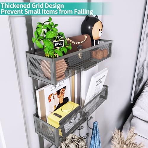 HapiRm Over The Door Hanger with Coat Hooks and 2 Baskets, Rustproof & Waterproof Over The Door Hooks, Storage Organizer for Hats, Bathroom, Kitchen, Bedroom - Grey - Image 2